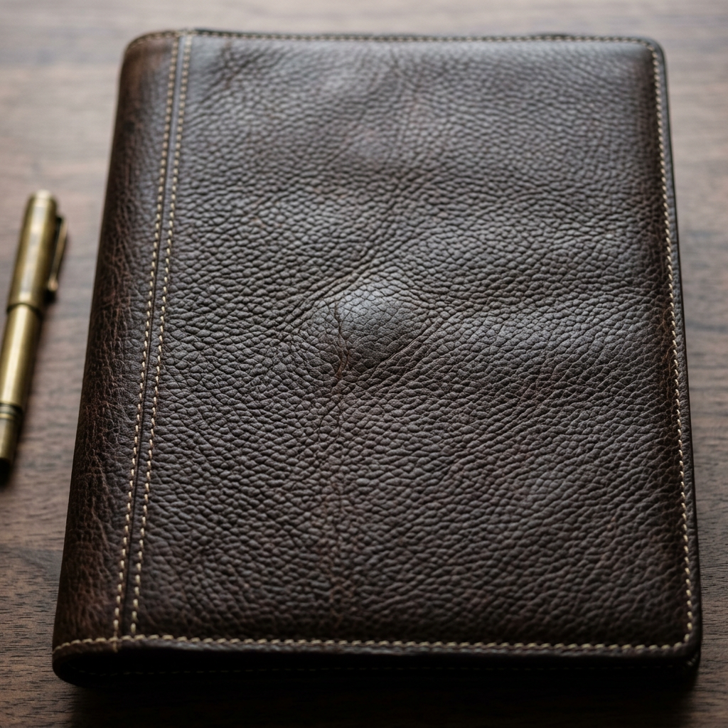 Closed dark brown textured leather journal with decorative stitching beside brass pen