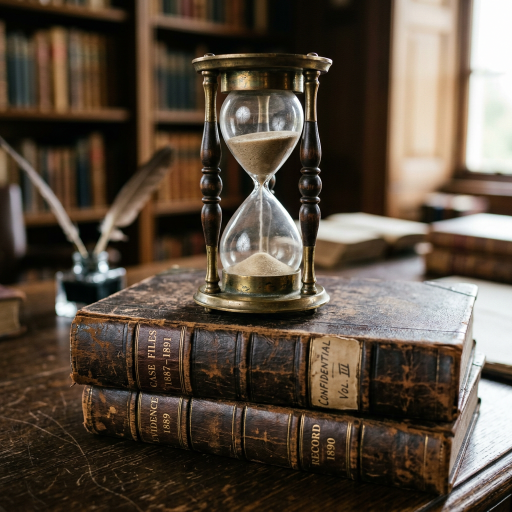 Antique hourglass with sand measuring time resting on two worn law books