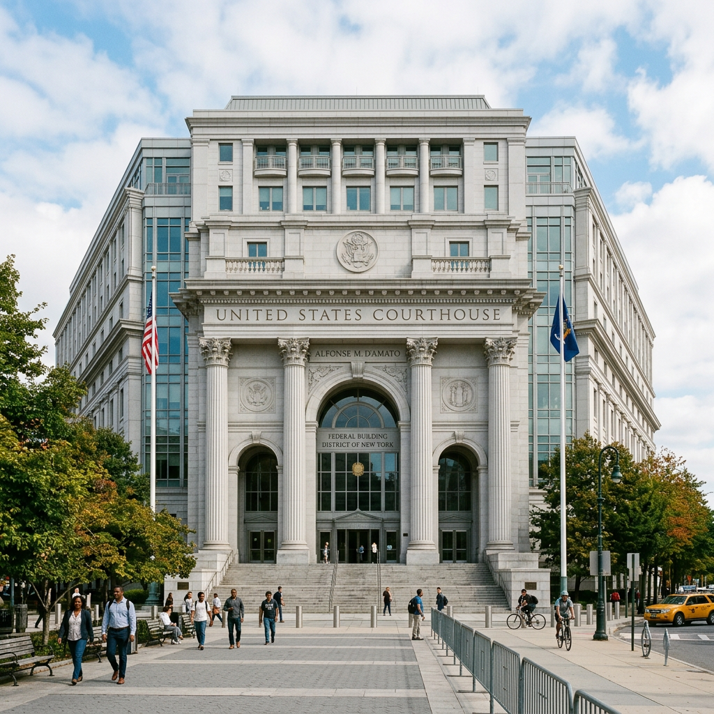 United States Courthouse building with columns and entrance in New York