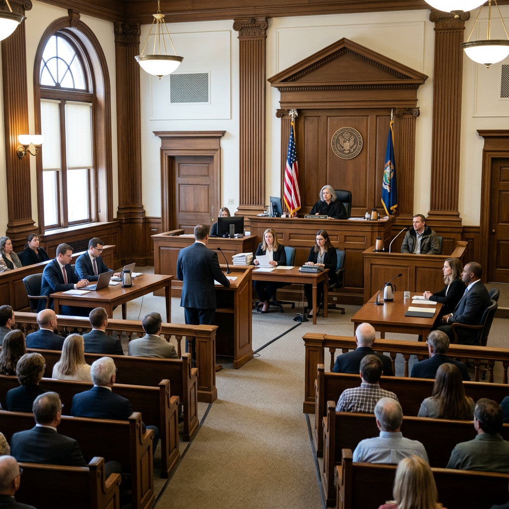 Lawyer speaking in a courtroom with judge, jury, and audience