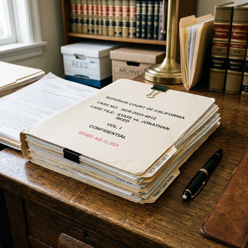 Confidential legal case file labeled State vs. Jonathan Reed with documents and law books on desk
