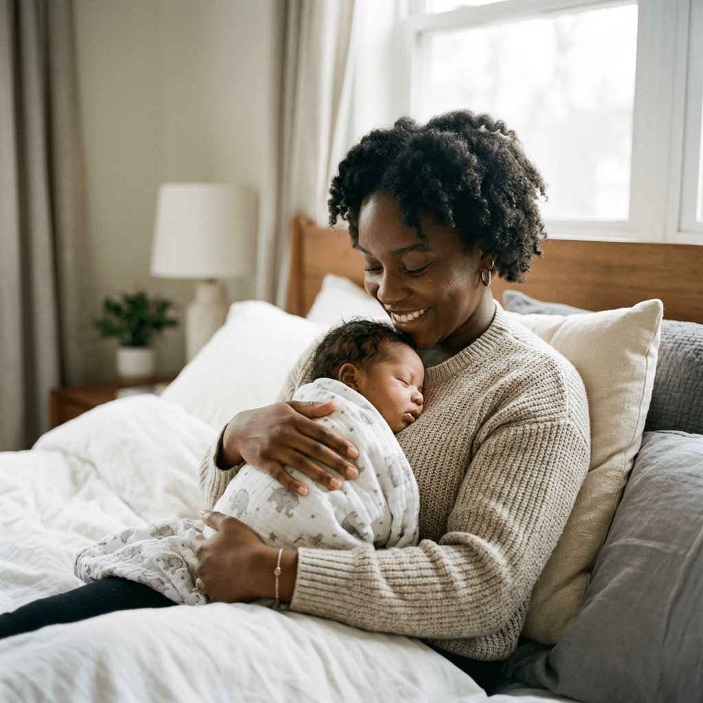 Mother holding newborn baby wrapped in patterned blanket while sitting on bed