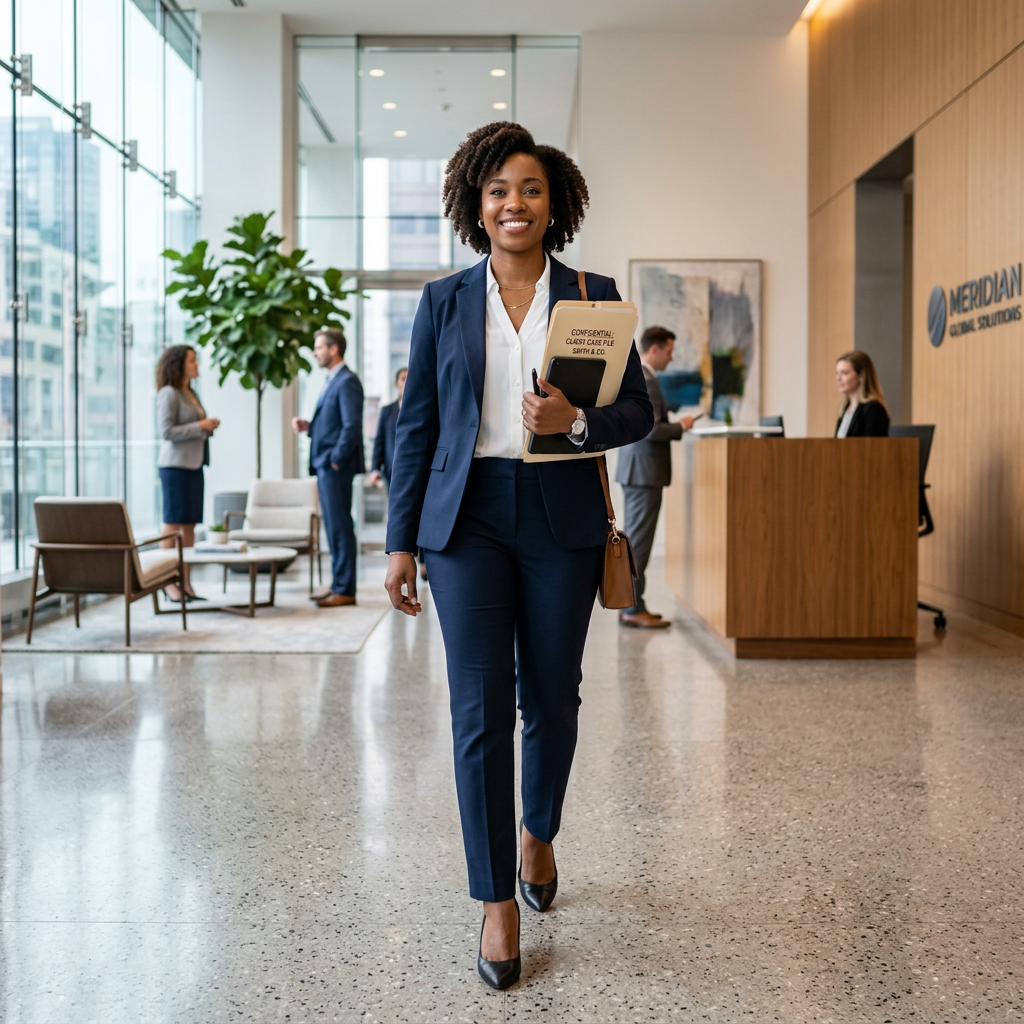 Businesswoman walking in office lobby holding confidential files and tablet