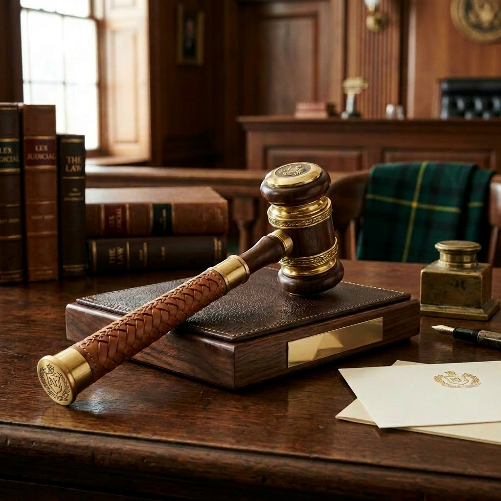 Leather-wrapped judge's gavel on wooden block engraved with 'The Honorable Ralph Lauren Chambers' in judge’s office