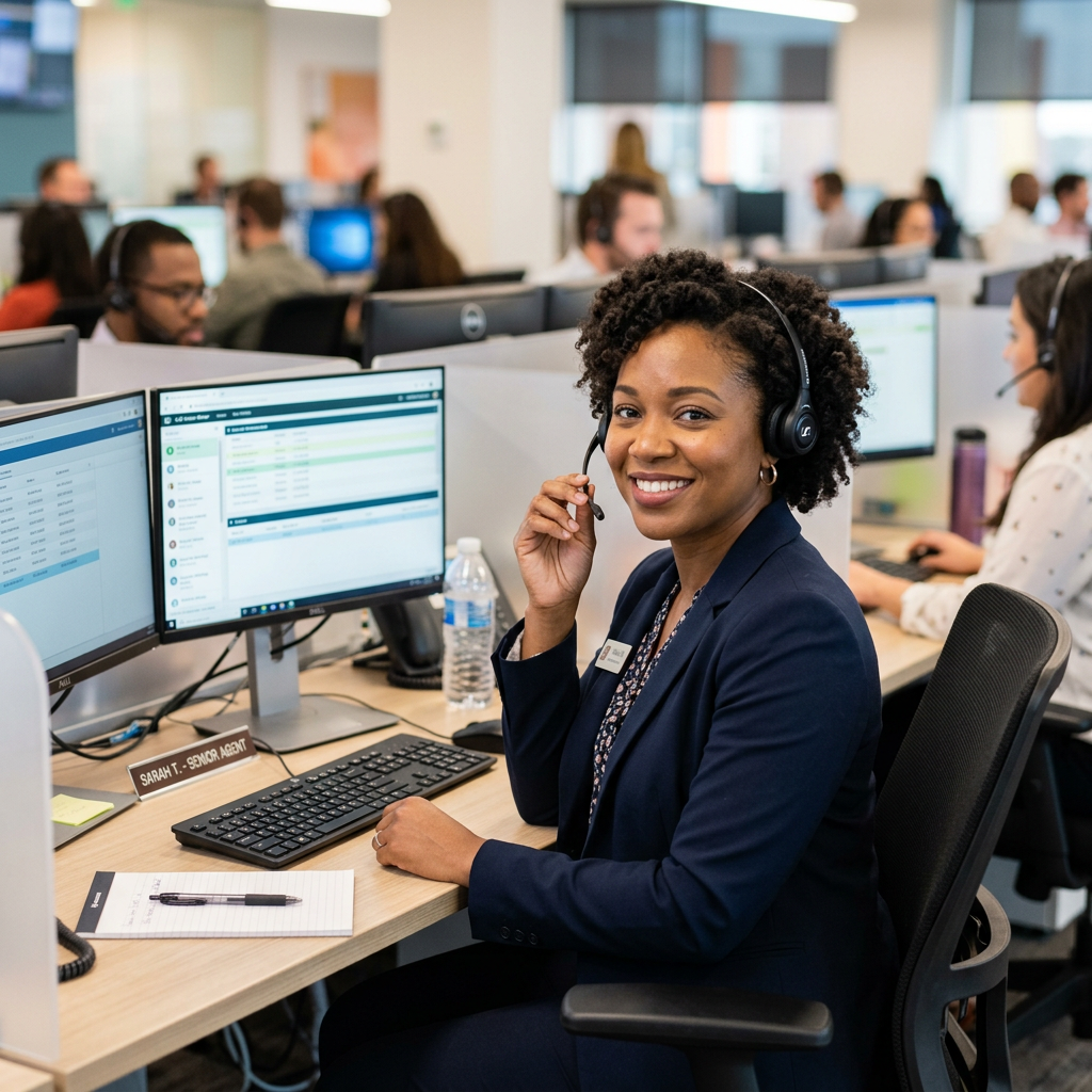 Customer service representative with headset smiling at desk with computer screens