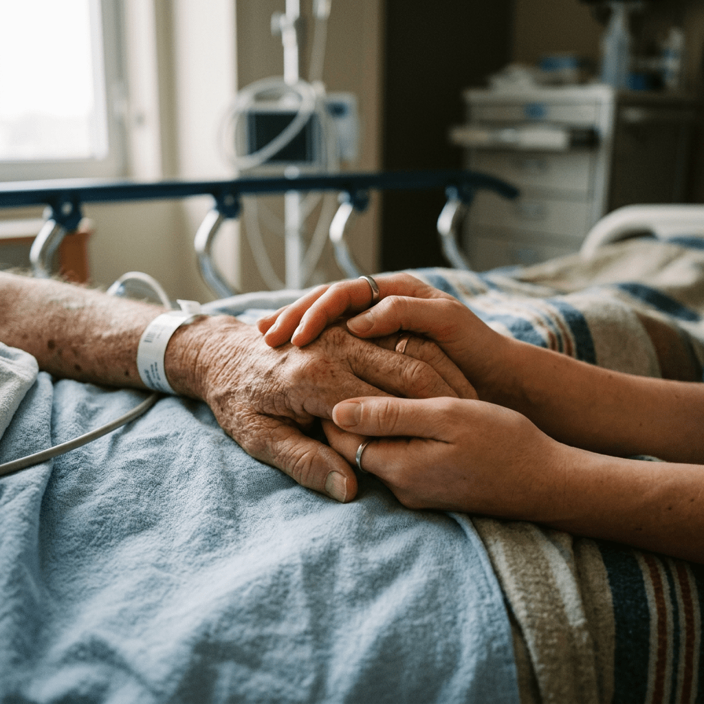 A younger hand gently holding an elderly patient's hand in a hospital bed with medical bracelet and equipment visible