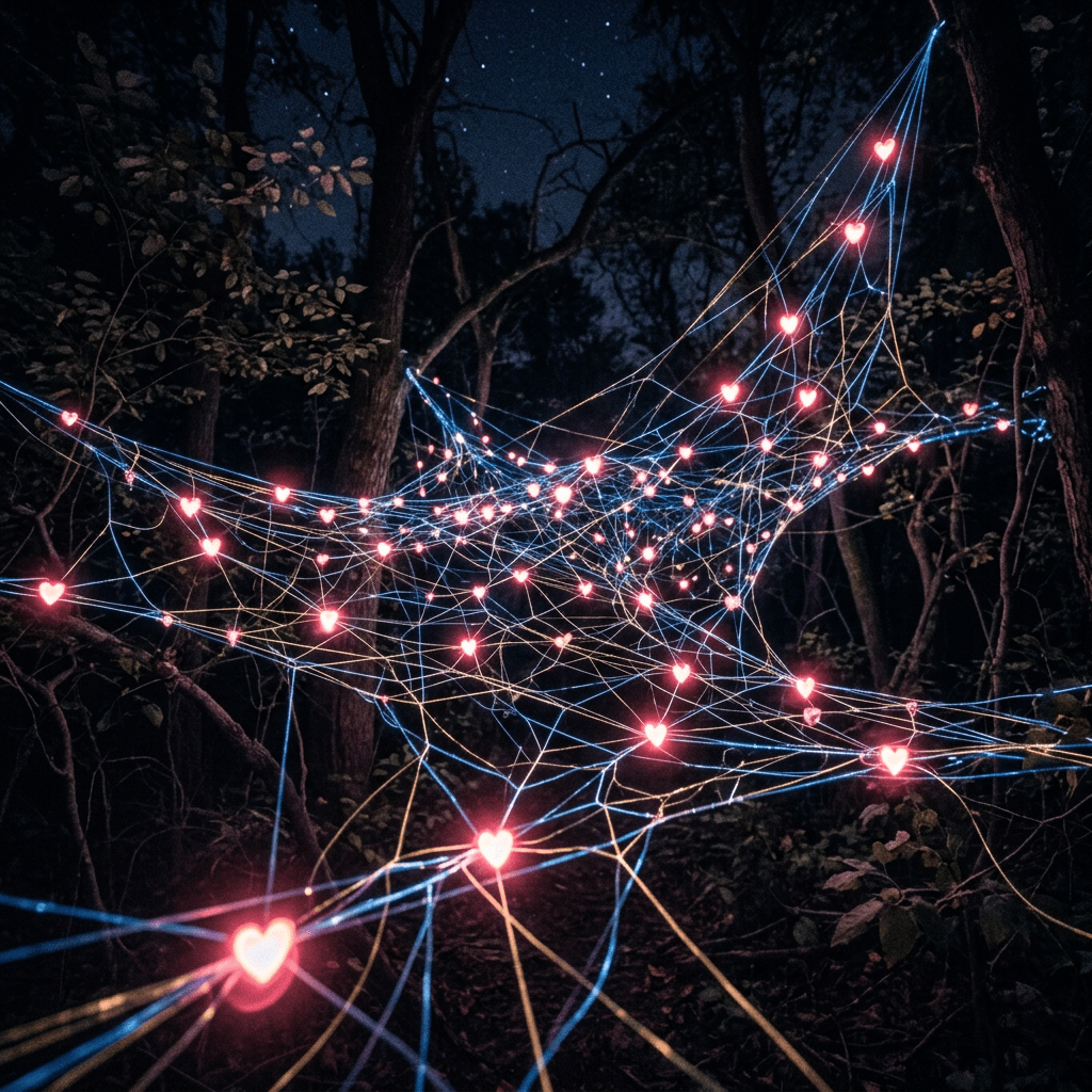 Glowing heart-shaped lights connected by neon-like strands forming a web among trees at night