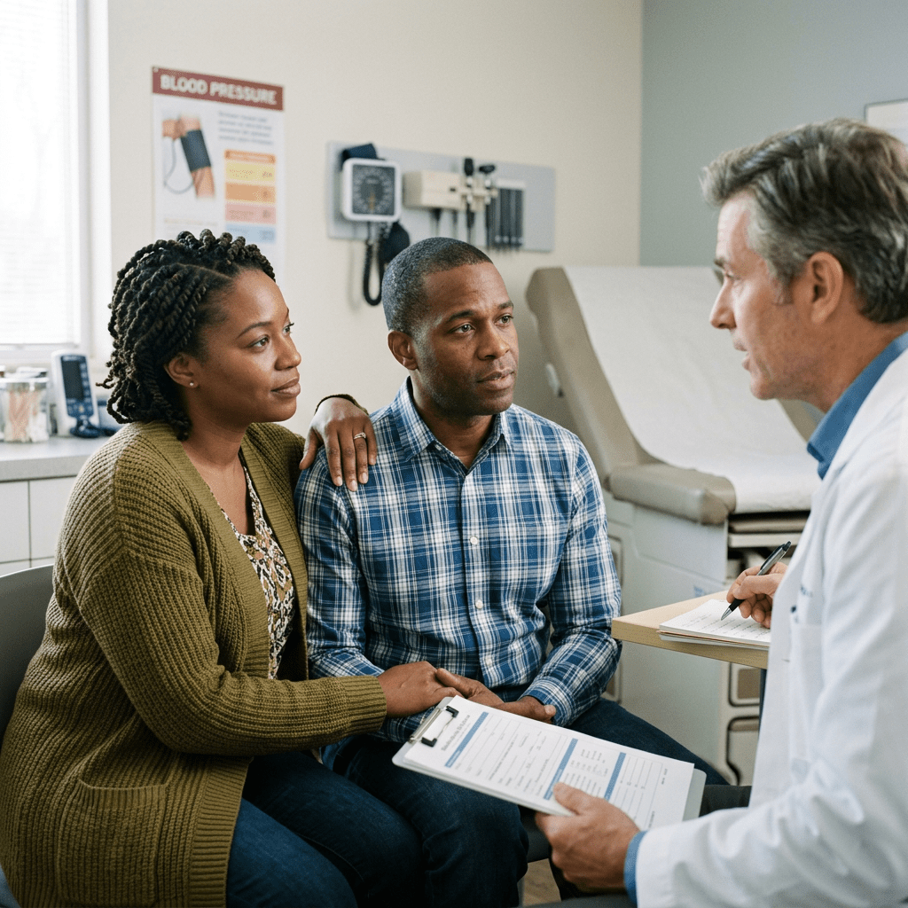 Couple talking with a doctor in a medical exam room