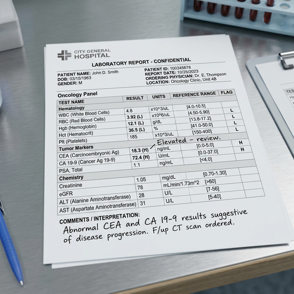 Oncology panel lab report showing hematology, tumor marker, and chemistry test results with flagged abnormalities and handwritten comments