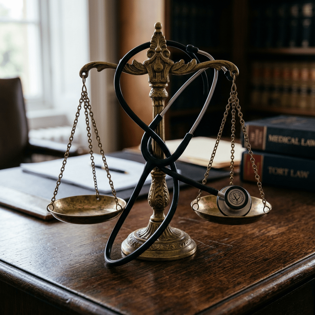 Scales of justice with a stethoscope hanging from one side on a wooden desk