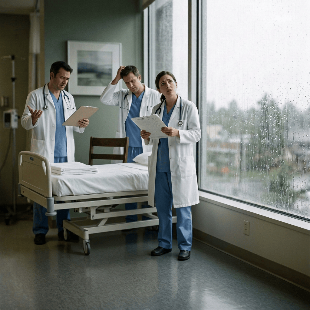 Stethoscope and folded linens on a table beside a rainy clinic window