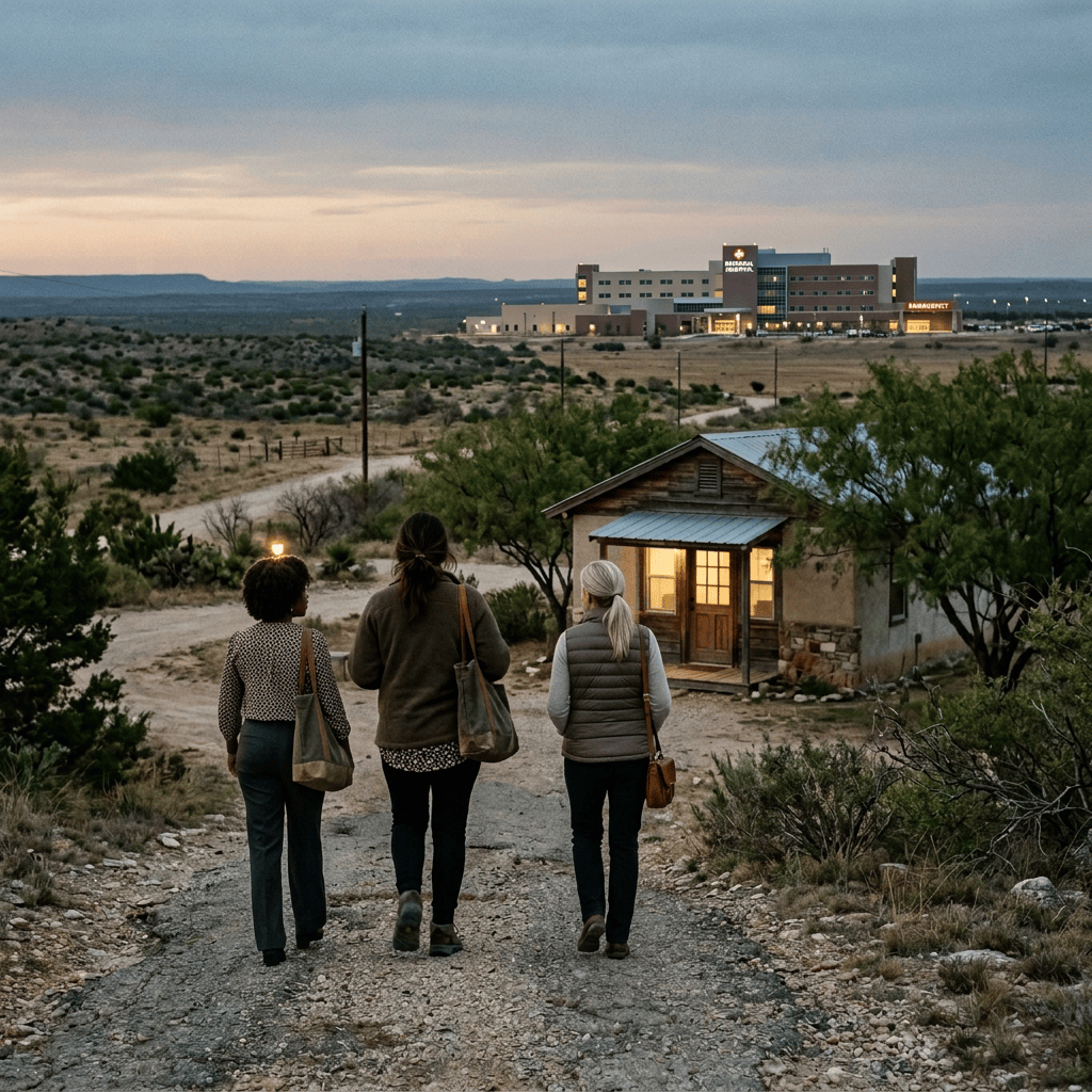 Person walking toward a warmly lit cabin in a desert landscape